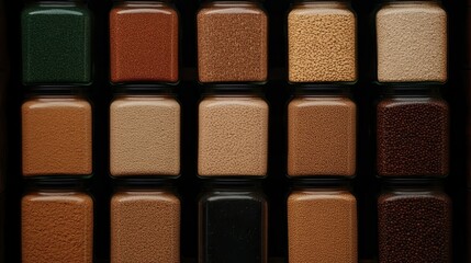 Fototapeta premium A collection of jars filled with various materials, showcasing a range of colors and textures, arranged neatly in rows against a black background.