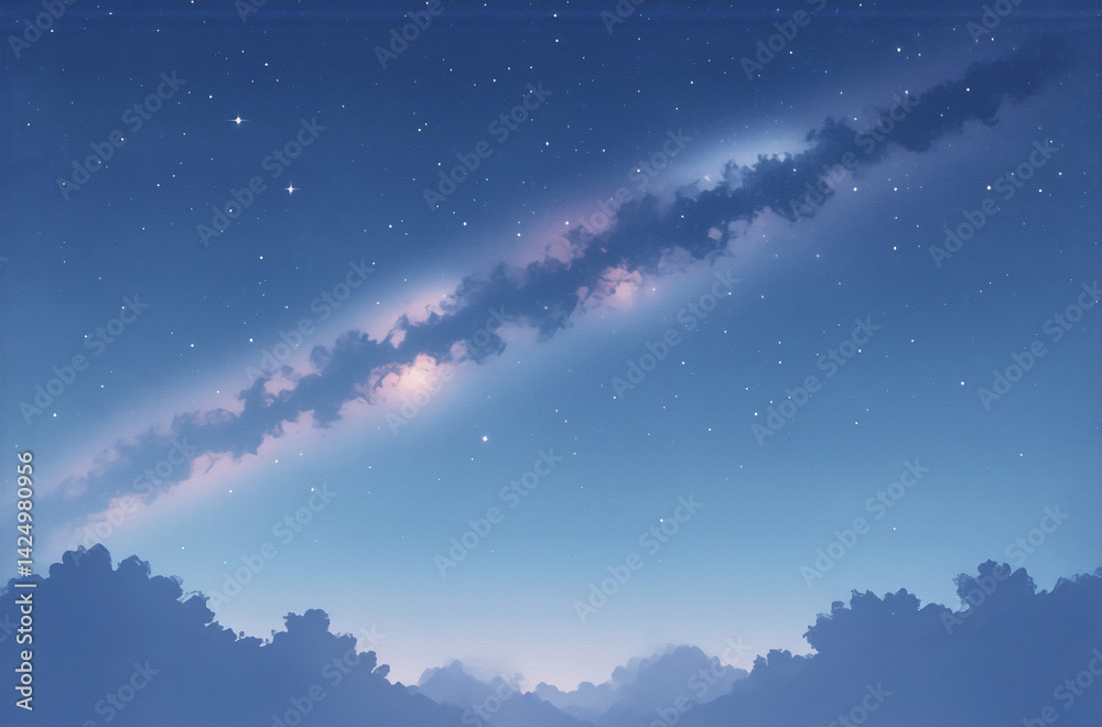 Poster a serene nightscape, a celestial river of soft light arcs across a dusky blue sky, creating a dreamy