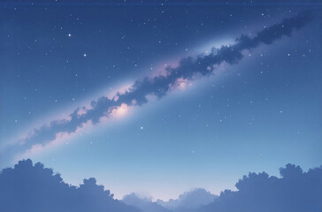 A serene nightscape, a celestial river of soft light arcs across a dusky blue sky, creating a dreamy, almost ethereal avatar-like scene.  Silhouetted clouds and stars complete the image.