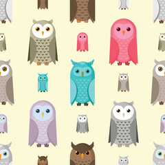 Seamless vector pattern featuring stylized owls in a modern, whimsical design. Perfect for textiles, wallpapers, wrapping paper, and digital backgrounds. Fully editable, scalable, ideal for nature