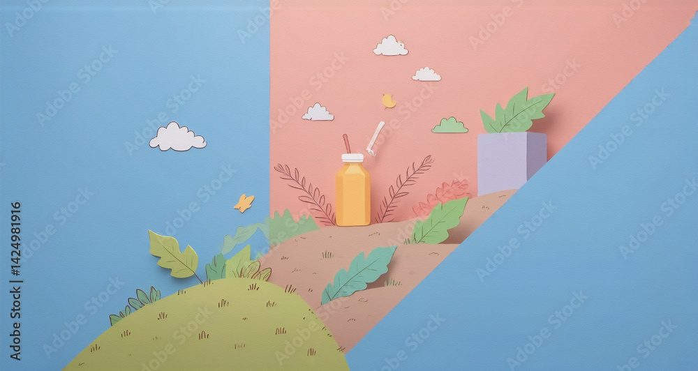 Poster a whimsical paper-cut art scene with layered elements creates a miniature landscape. the artwork fea