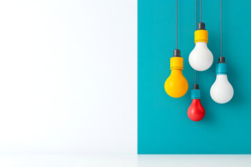 A collection of colorful hanging light bulbs against a teal and white background, showcasing modern design and vibrant decor.