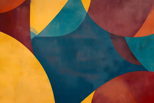 Colorful abstract geometric shapes overlapping with bold curves in shades of yellow blue red and orange creating modern artistic background texture