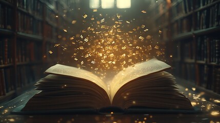 Magical Letters Emerge from Open Book, An open book in a library with glowing letters flying out, illuminated by sunlight