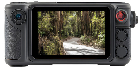 Photo of Black Camera Displaying Forest Path With Green Trees Photo