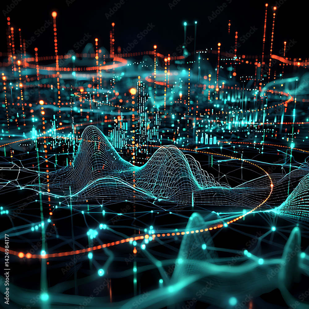Poster visualizing data trends dynamic graphs digital space infographic abstract scientific analysis