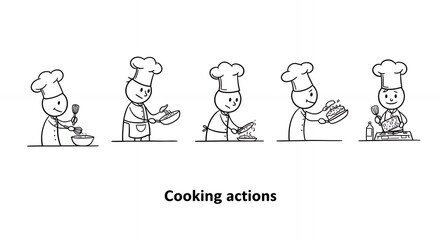 Stick Figure Chefs Cooking Process Illustration in Black and White on Clean White Background