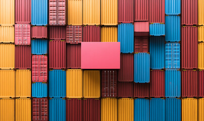 Fototapeta premium Transport containers arranged in colorful patterns urban setting abstract image aerial view industrial concept