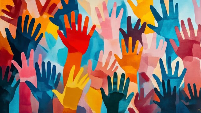 Colorful illustration of many hands raised in the air, symbolizing unity, diversity, and participation.