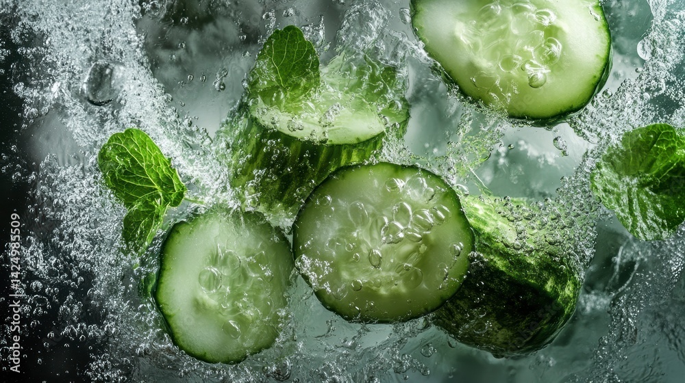 Poster sliced cucumbers and mint leaves submerged in sparkling water.
