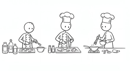 Stick Figure Chefs Preparing Food in Monochrome Illustration Simple Kitchen Scene With Line Art Graphics Measuring Accurately