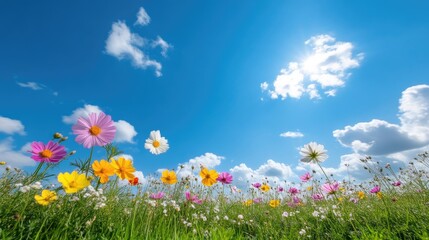 Fototapeta premium Cosmos Flowers Vibrant Meadow Sunny Style High-Resolution Wide Angle Shot Summer Bloom Blue Sky Background Bright Cheerful Ideal for Spring Themes