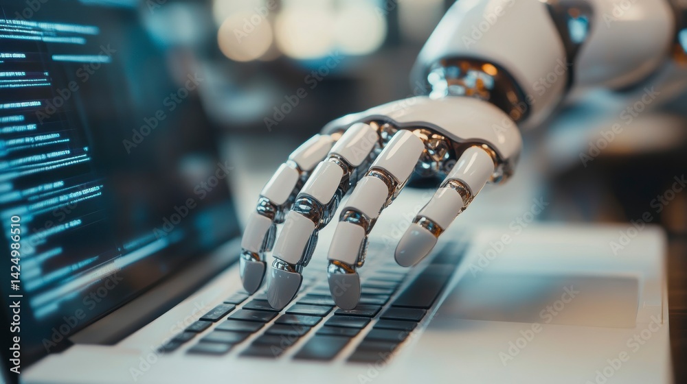 Poster Robotic hand using laptop, coding on screen.