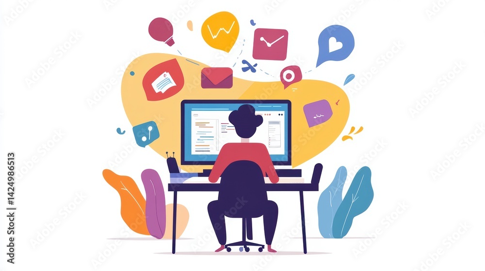 Leinwandbilder Person working on computer with digital icons and notifications.