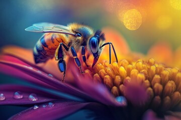 Naklejka premium Vibrant bee on colorful flower, bokeh background. Use for nature, ecology, and gardening