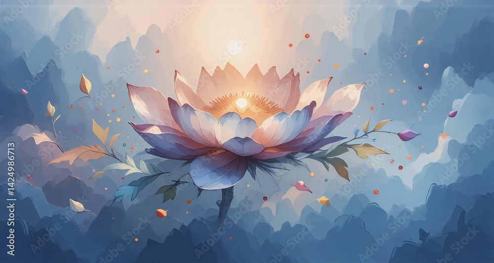 Aufkleber a blossoming flower with glowing center amidst hazy mountains and light. petals gently falling. the 