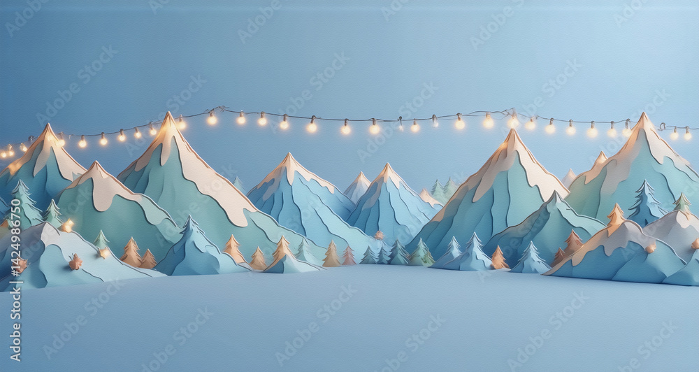 Aufkleber here's the description and keywords: a winter landscape features stylized paper cut-out mountains, s