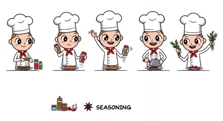 Animated Stick Figure Chef in Various Cooking Poses With Kawaii Style Cartoon on White Background