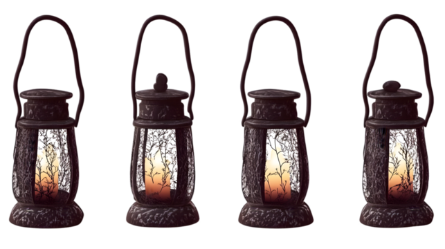 Realistic 3D Illustration of Antique Lanterns with Flickering Candle Flames on a Black Isolated Background