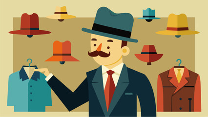 A man trying on a collection of vintage fedoras admiring the quality and craftsmanship of each one..