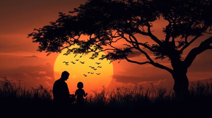 Young father and child watching sunset together. Sunset background symbolizes faith and spirituality. Tranquil scene depicts family bonding and religiosity.
