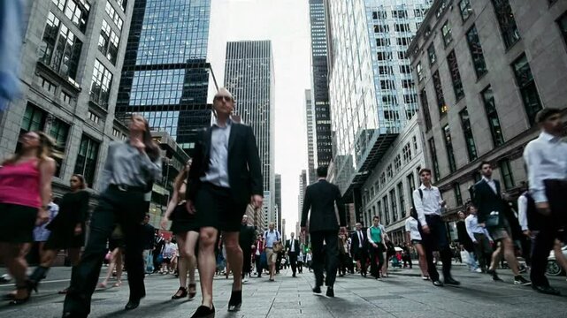 Professionals in business attire walking briskly along Manhattan financial district sidewalk, surrounded by towering skyscrapers during bustling daytime work hours