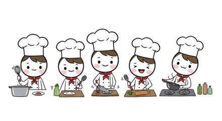 Cartoon Chefs Engaged in Cooking Process with Kawaii Style on White Background