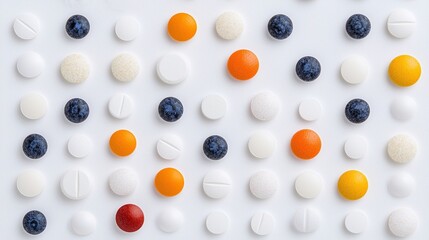 A flat lay of colorful pills and tablets arranged in a grid pattern, showcasing various shapes and sizes against a white background.