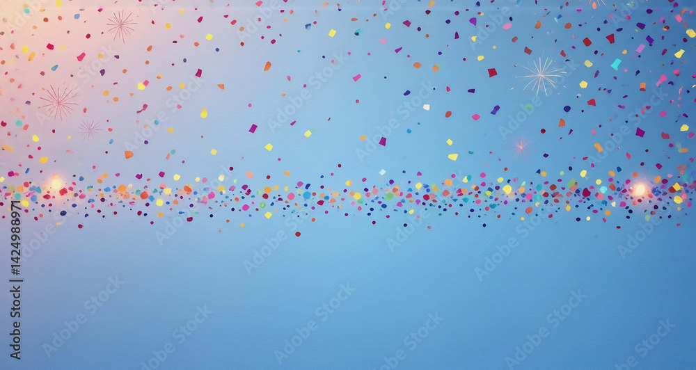 Poster Vibrant confetti showers the sky, creating a festive atmosphere. Hints of sparkle add to the joyful celebration. The bright backdrop contrasts the floating details.