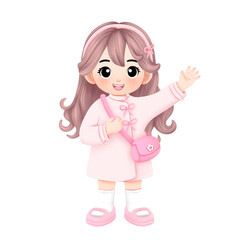 little cute girl in pink dress say hi and waving her hand