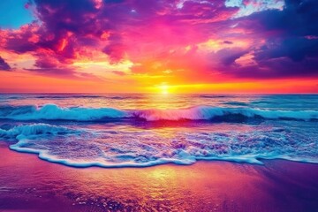 Fototapeta premium Vibrant Sunset Seascape; Waves Crashing on Beach; Dramatic Colorful Sky. Possible use Wallpaper, prints, greeting cards