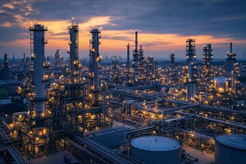 An industrial complex showing a large chemical processing facility at dusk