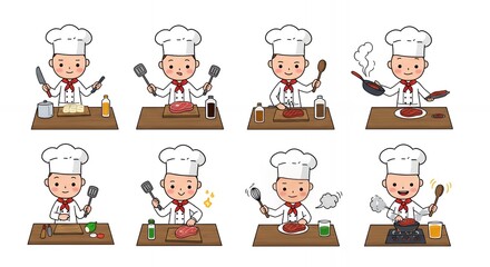 Collection of Pixel Art Style Stick Figure Chefs Cooking with Kawaii Style on Wooden Counters Isolated on White Background
