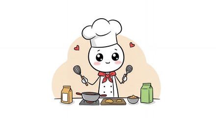 Cute Stick Figure Chef Cooking Meal in Kawaii Style Cartoon Illustration with Clean White Background For Children Content