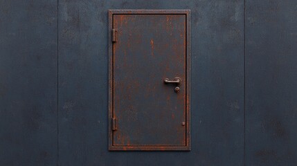 Fototapeta premium A weathered, rust-colored door stands against a dark blue wall, showcasing its aged texture and metal features.