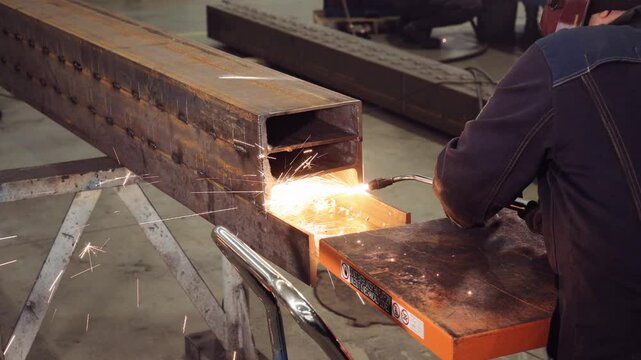 Employee cuts beam edges with oxy acetyl torch in workshop