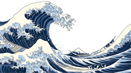 Pixelated Japanese Wave Illustration with Blue and White Water and Black Background