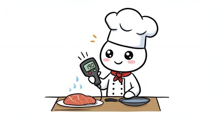 Kawaii Stick Figure Chef Checking Steak Moisture Content with Digital Meter in White Background
