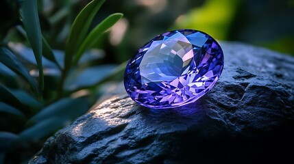 Oval Gemstone Displayed on a Rock with Green Foliage Background
