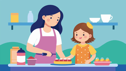 A mother teaching her daughter how to bake a cake from scratch passing on traditional domestic skills and emphasizing the power of nurturing..