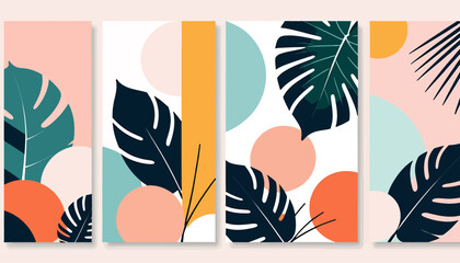 Fototapeta premium Abstract Tropical Wall Art_Botanical Prints with Monstera Leaves and Geometric Shapes_Modern Home Decor_Colorful Set of Minimalist Posters_Trendy Artwork for Living Room