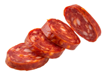 Multiple slices of Spanish chorizo sausage, deep red-orange in color with marbled fat and a slightly glossy surface, floating mid-air, isolated on transparent background. 