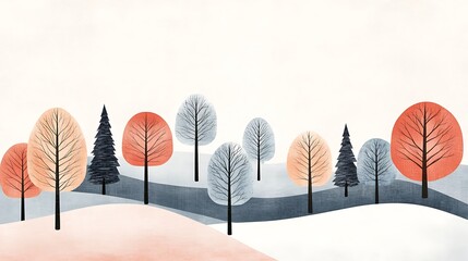 Fototapeta premium Winter trees with snowy hills, and pastel art.