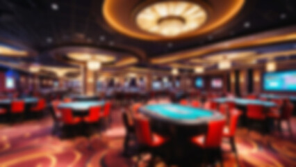 luxury casino with blur view, modern casino interior with beautiful lights and wooden gambling tables, overall blur, place for gambling, background wallpaper.