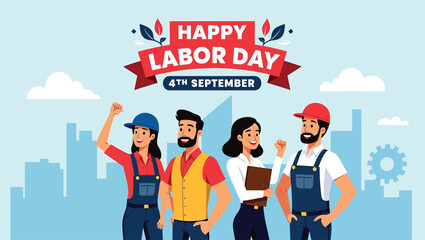 Happy Labor Day Celebration Diverse Workers Cityscape