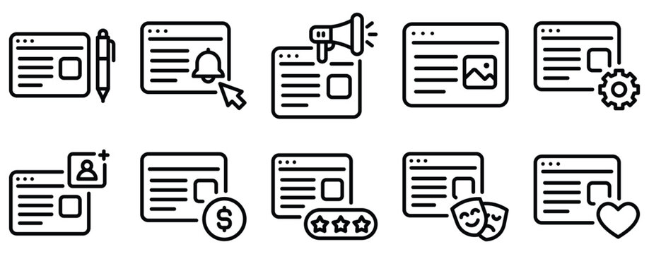 Blogger Icon Set Line Style Collection representing content creation and online publishing suitable for personal blogs social media platforms and digital marketing projects
