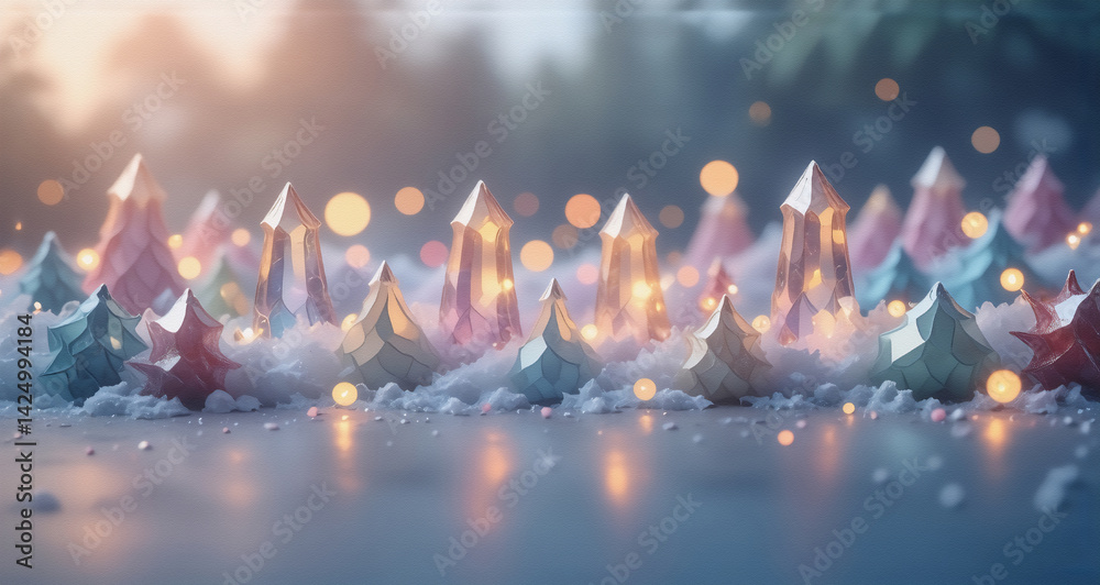 Poster A shimmering winter wonderland showcases colorful geometric shapes resembling tiny frozen trees, reflecting light in a magical snow scene filled with bokeh effects.