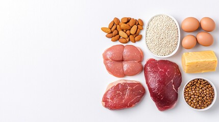 A variety of protein-rich foods including meats, eggs, nuts, and grains arranged on a clean surface, promoting healthy nutrition.