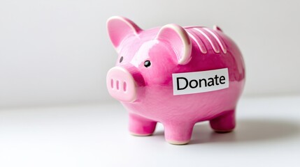 Obraz premium Cute Pink Piggy Bank with Donate Label on White Background