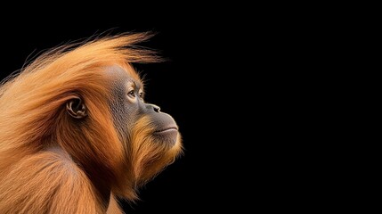 Naklejka premium A close-up of an orangutan showcasing its vibrant orange fur and thoughtful expression against a black background.